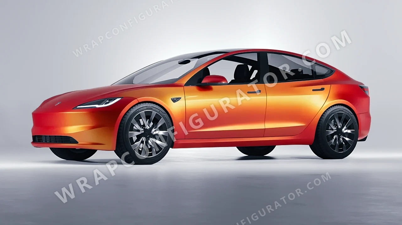 Orange Tesla Model 3 2024 wrapped in ORACAL Matt Sunset Shift 970RA-100M