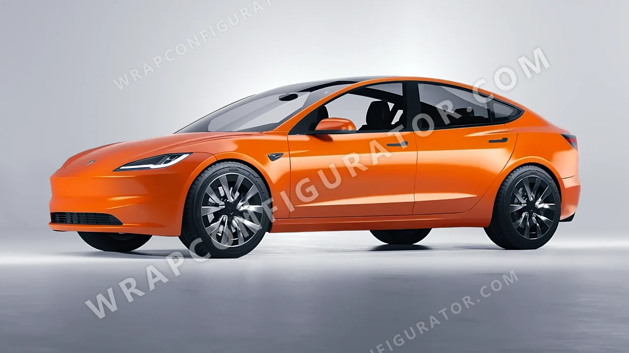 Orange Tesla Model 3 2024 wrapped in ORACAL Tangerine Dream 970RA-959G