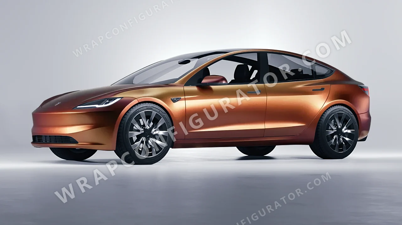 Red Tesla Model 3 2024 wrapped in 3M Satin Flip Volcanic Flare SP236