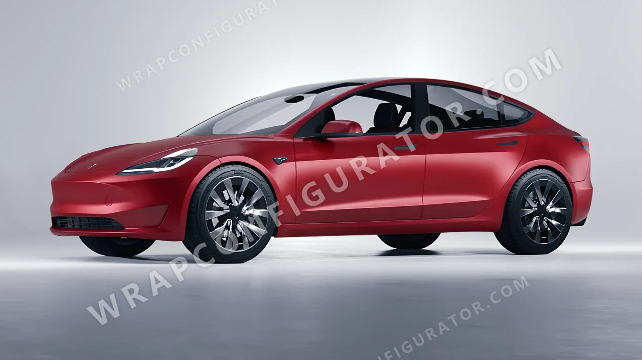 Red Tesla Model 3 2024 wrapped in 3M Satin Smoldering Red S363