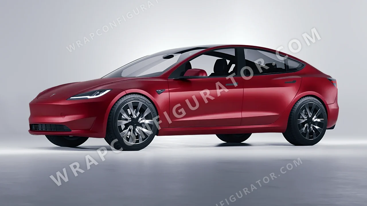 Red Tesla Model 3 2024 wrapped in 3M Satin Vampire Red SP273