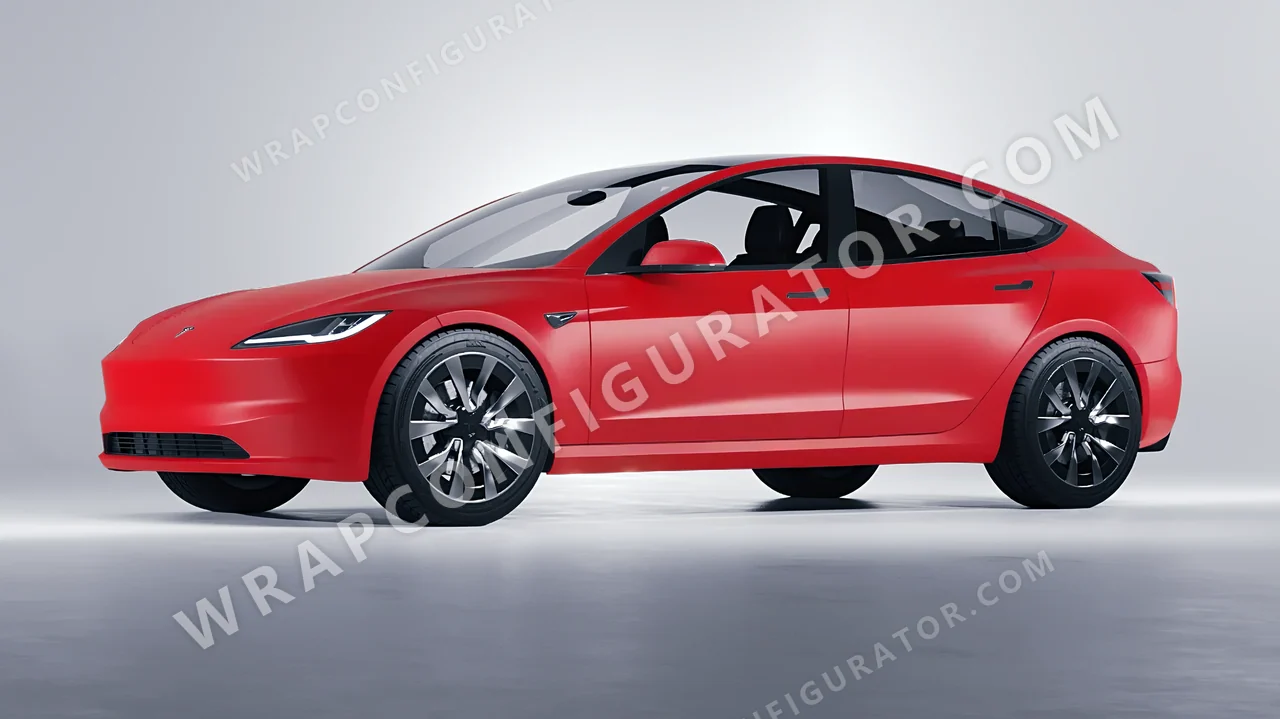 Red Tesla Model 3 2024 wrapped in ORACAL Cardinal Red 970RA-028M