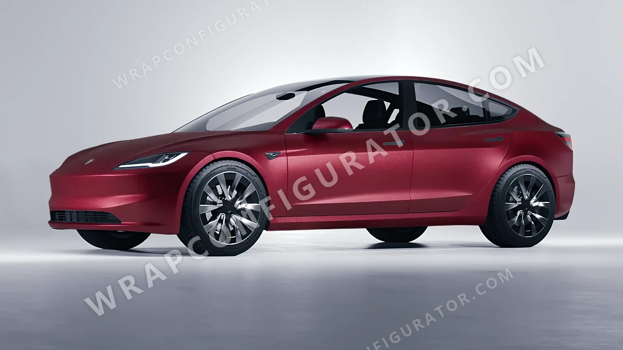 Red Tesla Model 3 2024 wrapped in ORACAL Dark Red 970RA-368M
