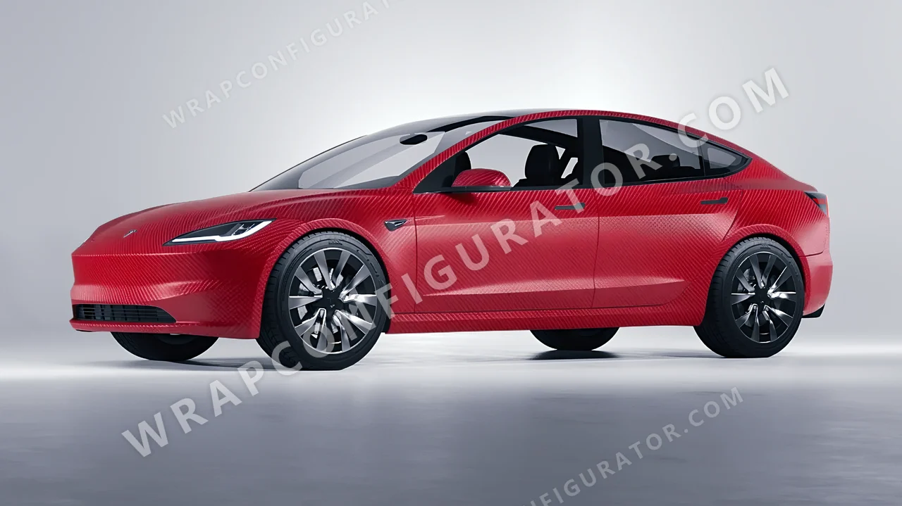 Red Tesla Model 3 2024 wrapped in ORACAL Geranium Red Carbon 975-305CA