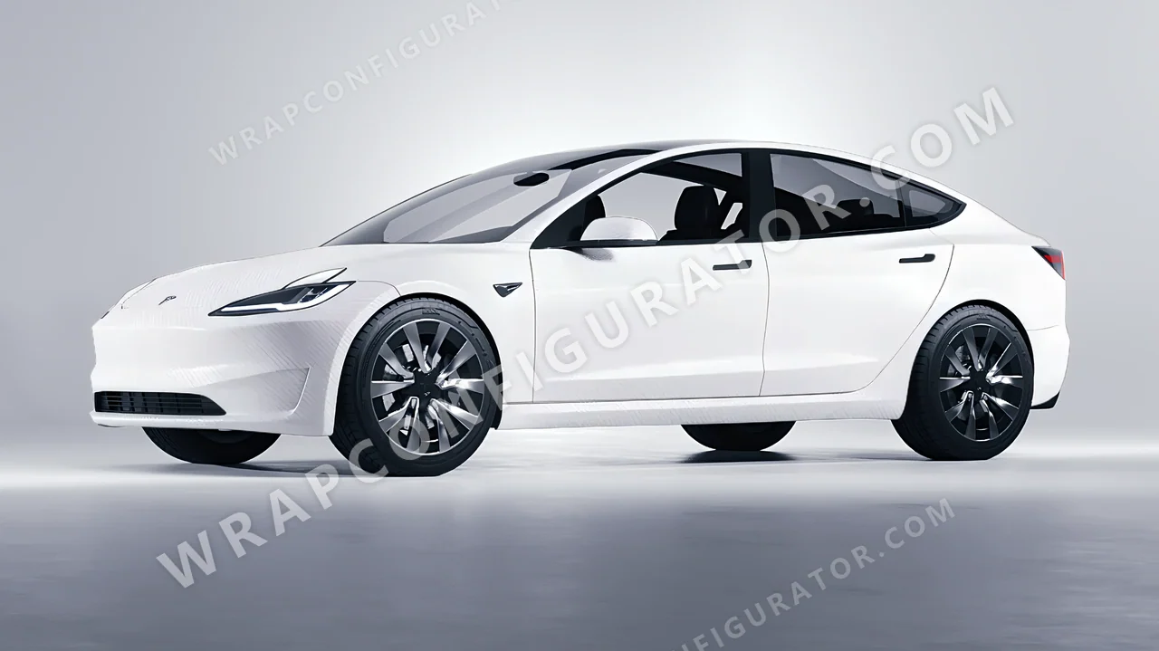White Tesla Model 3 2024 wrapped in 3M Carbon Fiber White CFS10