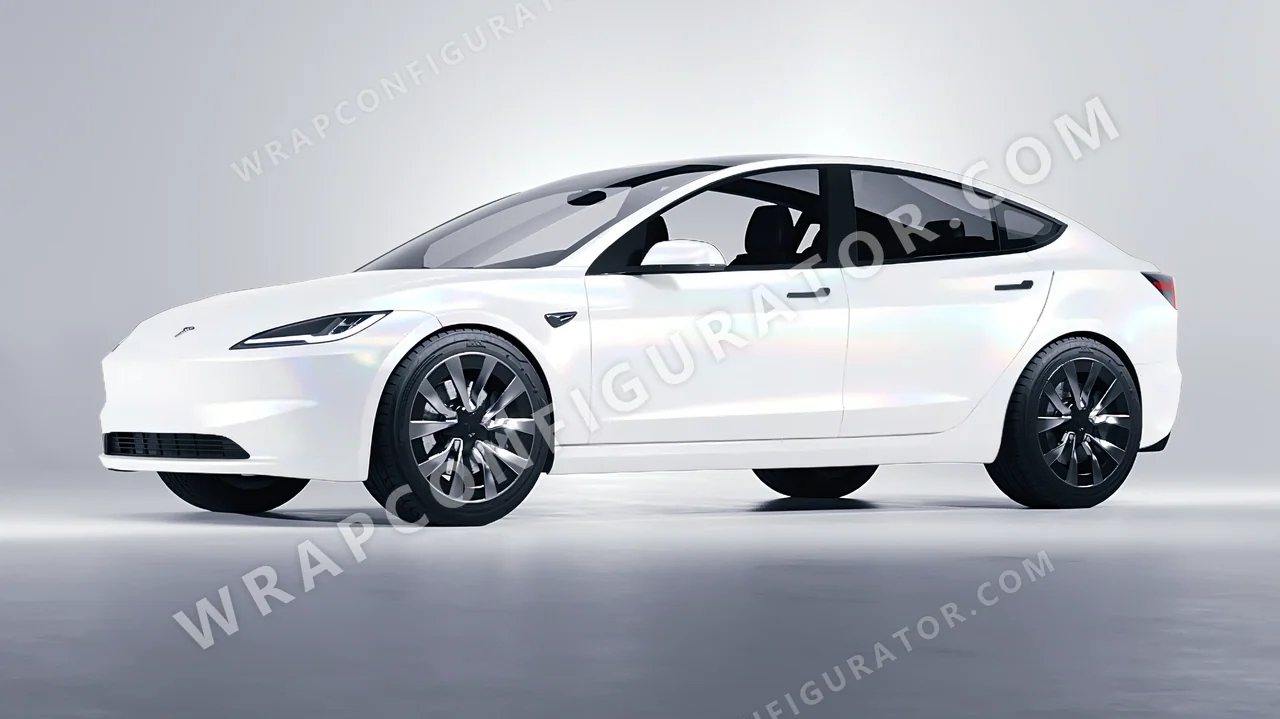 White Tesla Model 3 2024 wrapped in 3M Satin Flip Ghost Pearl SP280
