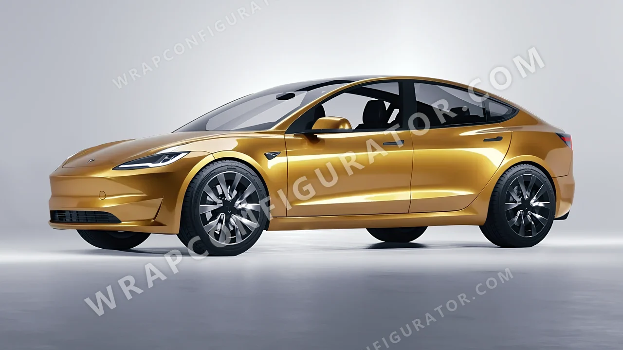 Yellow Tesla Model 3 2024 wrapped in 3M Gloss Gold Metallic G241