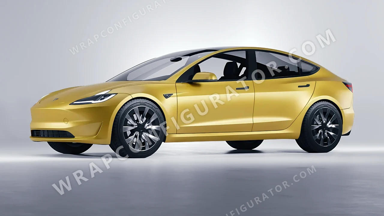 Yellow Tesla Model 3 2024 wrapped in 3M Satin Bitter Yellow S335