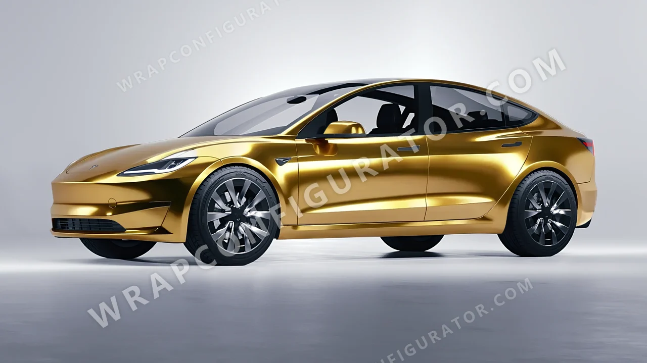 Yellow Tesla Model 3 2024 wrapped in Avery Dennison Gold SF100-604-S