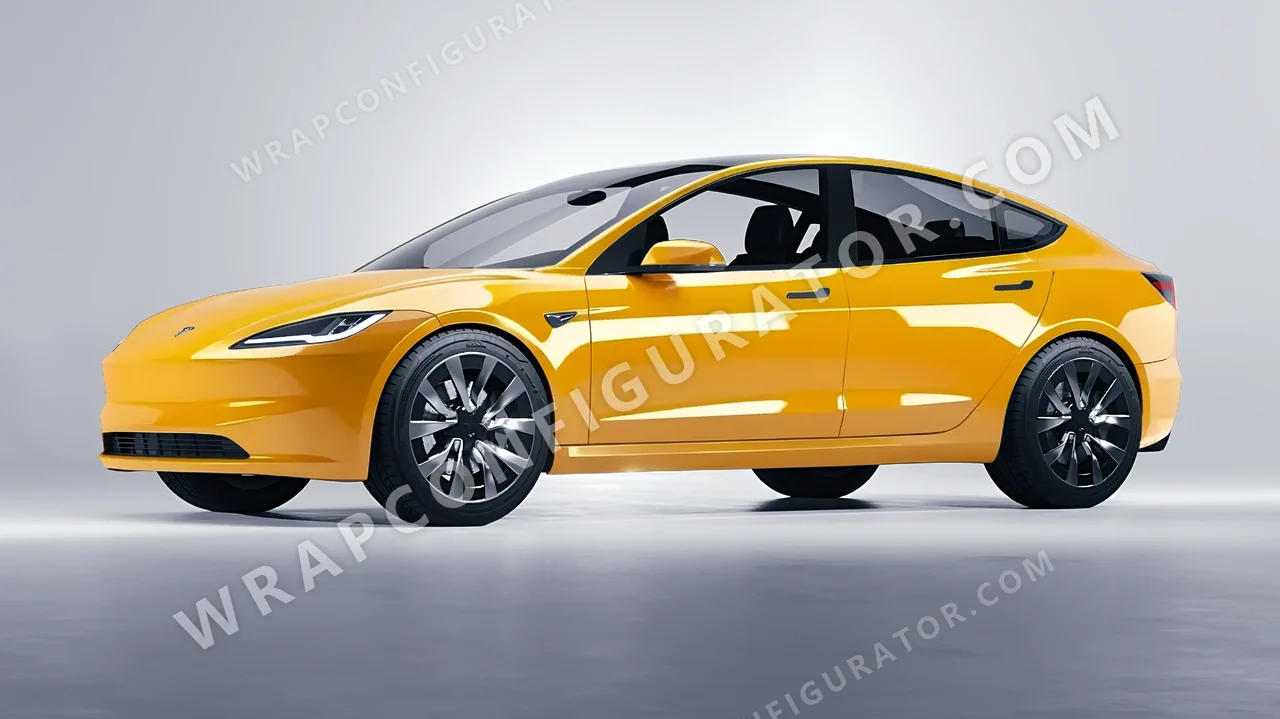 Yellow Tesla Model 3 2024 wrapped in KPMF Honey Yellow K75436
