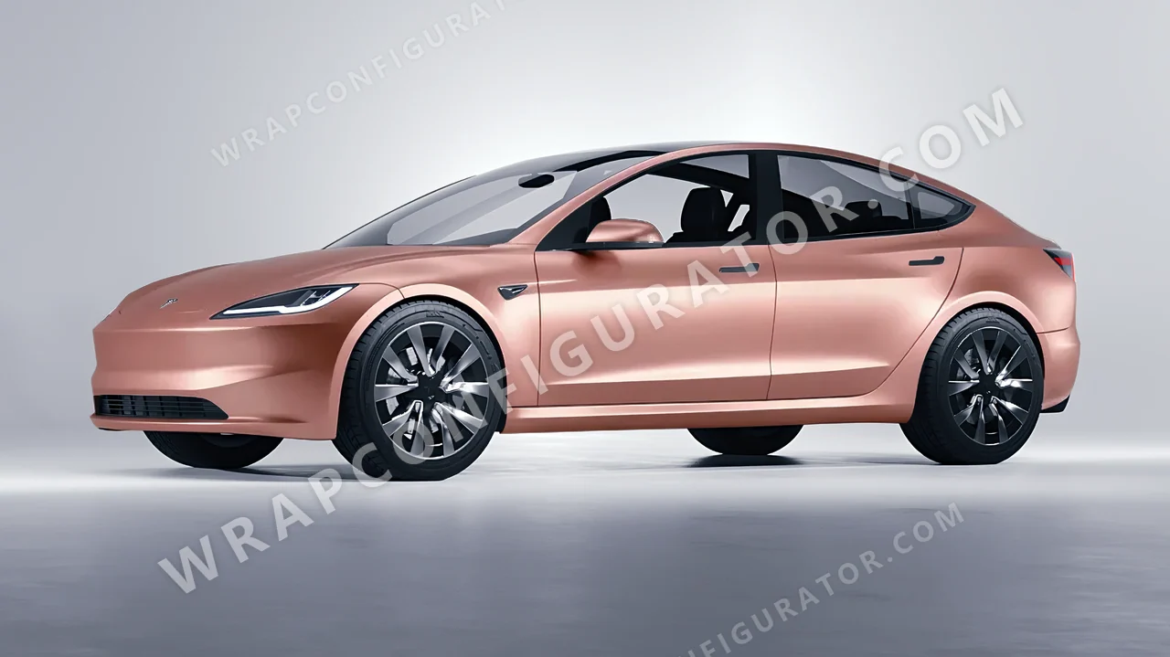 Yellow Tesla Model 3 2024 wrapped in KPMF Rose Gold K75555