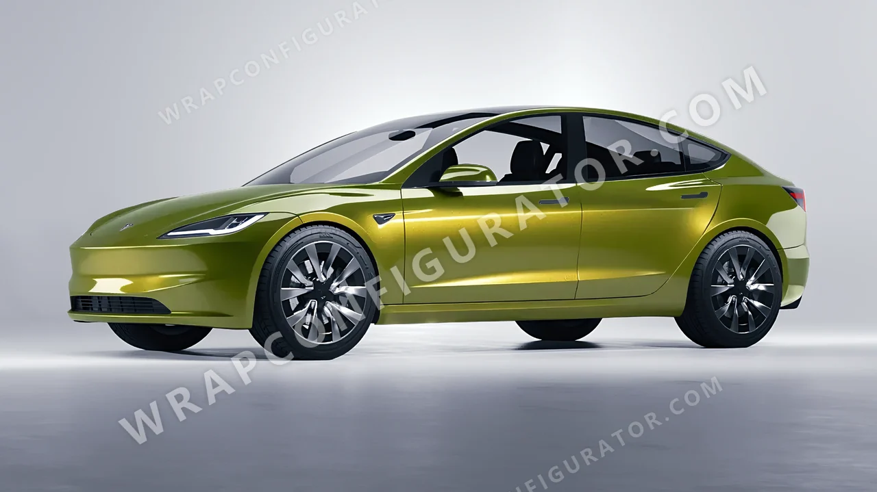 Yellow Tesla Model 3 2024 wrapped in KPMF Solar Flash K75409