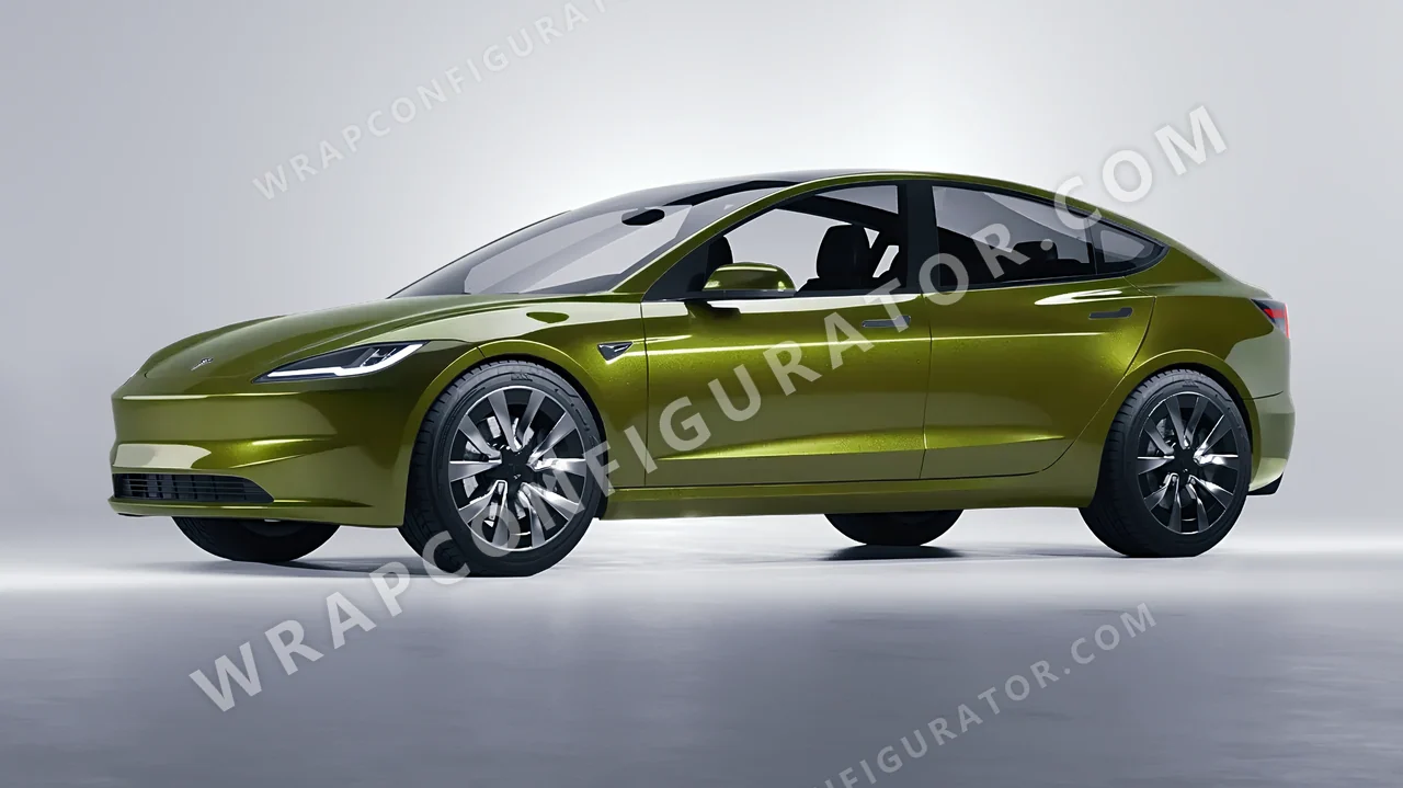 Yellow Tesla Model 3 2024 wrapped in KPMF Verde Solaris K75439