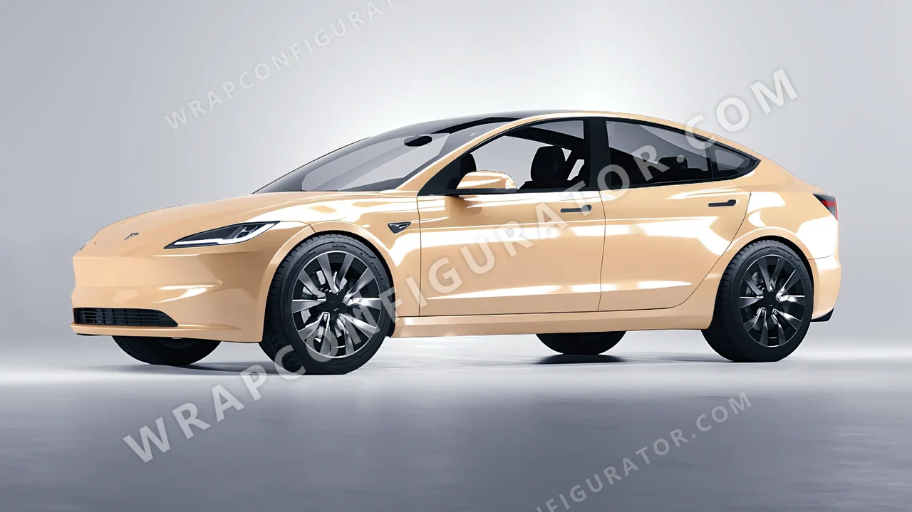 Yellow Tesla Model 3 2024 wrapped in ORACAL Champagne Myst 970RA-996G