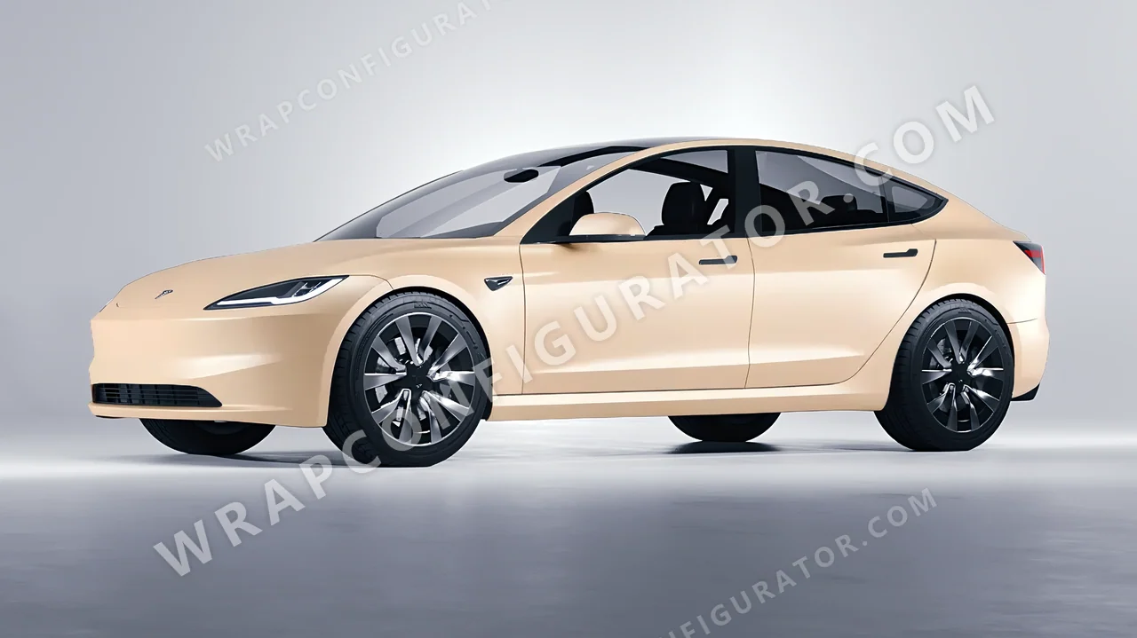 Yellow Tesla Model 3 2024 wrapped in ORACAL Champagne Myst 970RA-996M