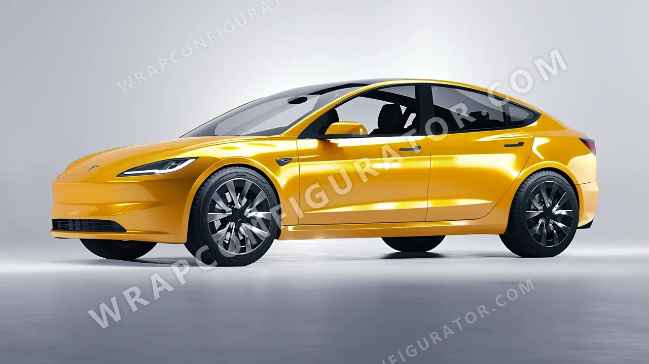 Yellow Tesla Model 3 2024 wrapped in ORACAL Golden Yellow 970RA-020G
