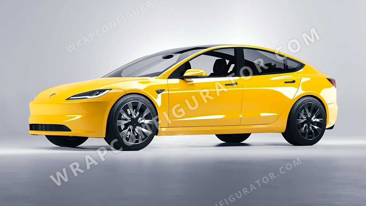 Yellow Tesla Model 3 2024 wrapped in ORACAL Traffic Yellow 970RA-216G