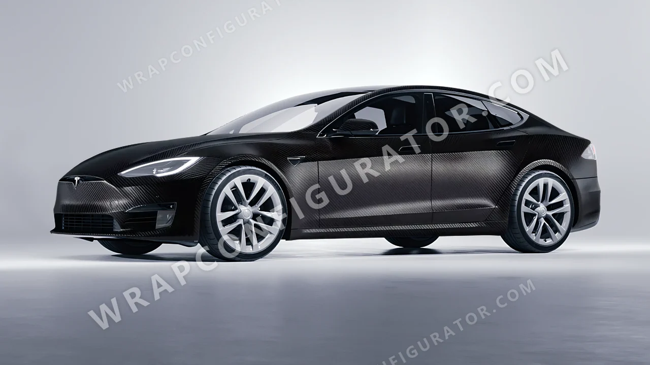 Black Tesla Model S 2013 wrapped in 3M Carbon Fiber Black CFS12