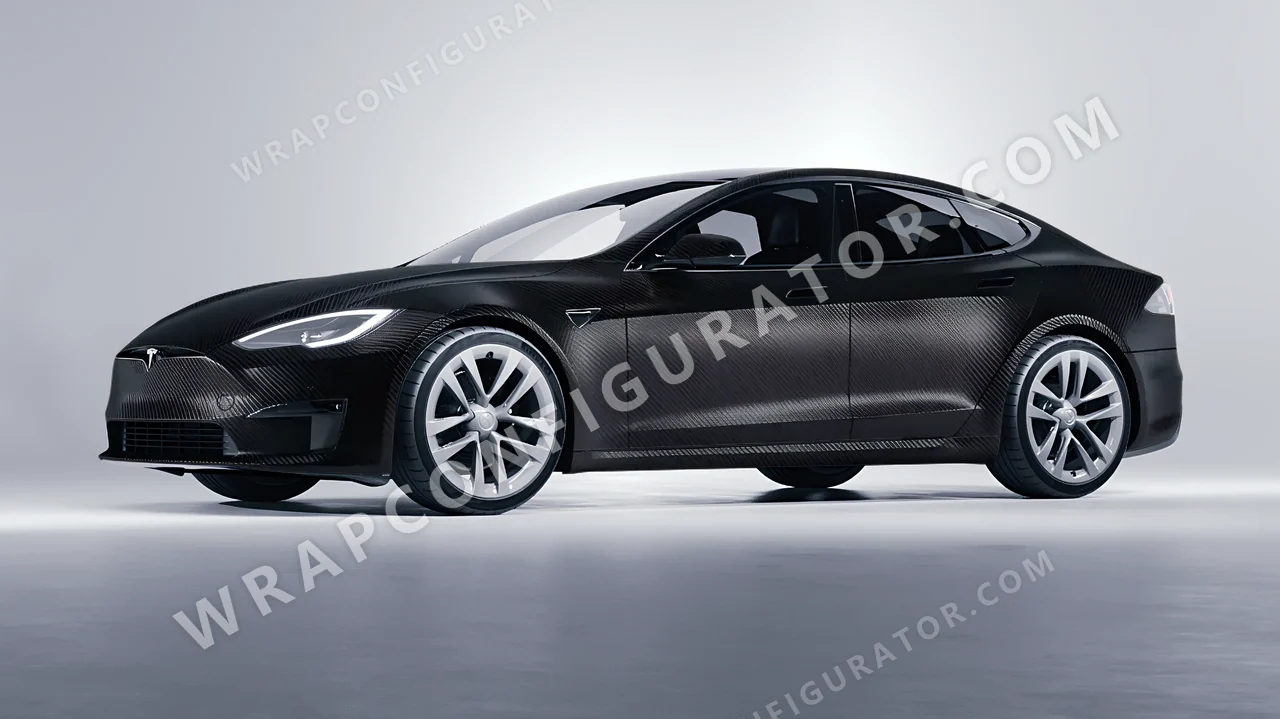 Black Tesla Model S 2013 wrapped in Avery Dennison Carbon Fiber Black SW900-194-X