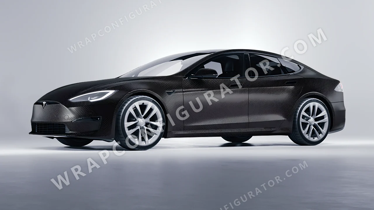 Black Tesla Model S 2013 wrapped in KPMF Black Fibre Vehicle Wrapping System K87021
