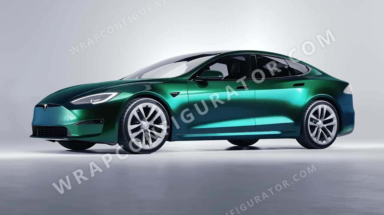 Black Tesla Model S 2013 wrapped in KPMF Green Black Iridescent K75460