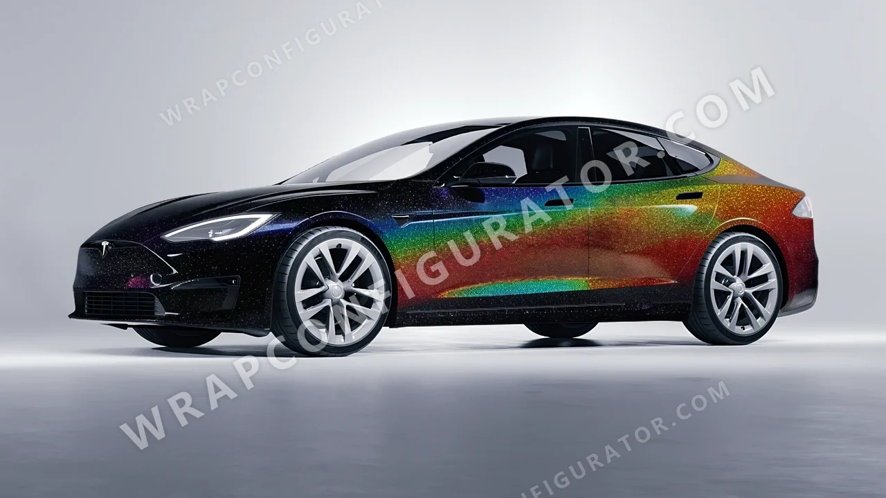 Black Tesla Model S 2013 wrapped in KPMF Morpheus Black Starlight K75470