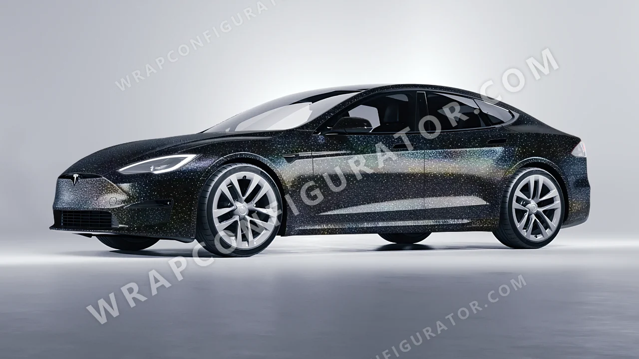 Black Tesla Model S 2013 wrapped in ORACAL Gloss Black Galactic Gold 970RA-905G