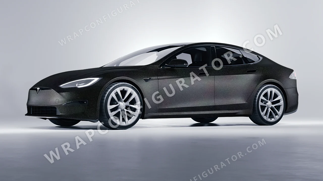 Black Tesla Model S 2013 wrapped in ORACAL Matt Black Galactic Gold 970RA-905M