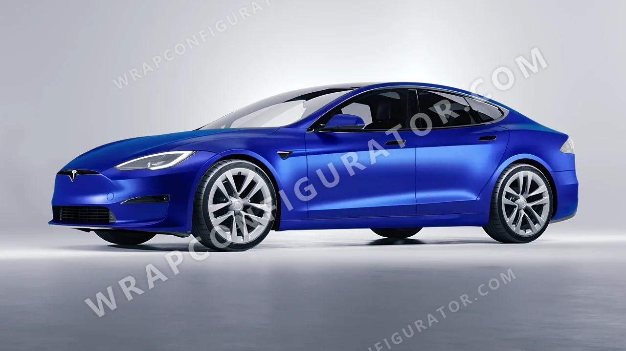Blue Tesla Model S 2013 wrapped in Avery Dennison Satin Wave Blue SW900-629-S