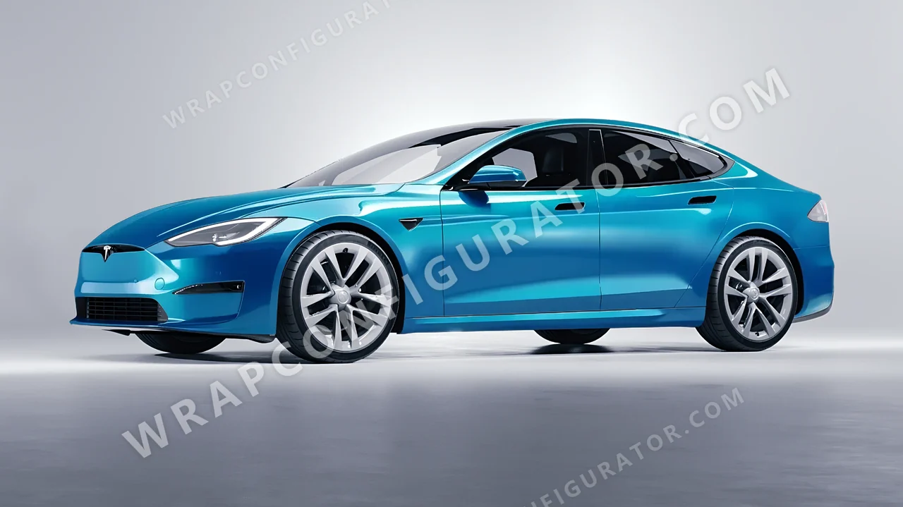 Blue Tesla Model S 2013 wrapped in ORACAL Lagoon 970RA-553G