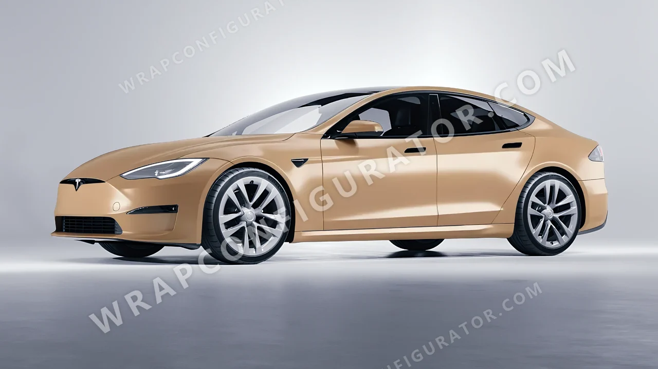 Brown Tesla Model S 2013 wrapped in 3M Sandstone S49