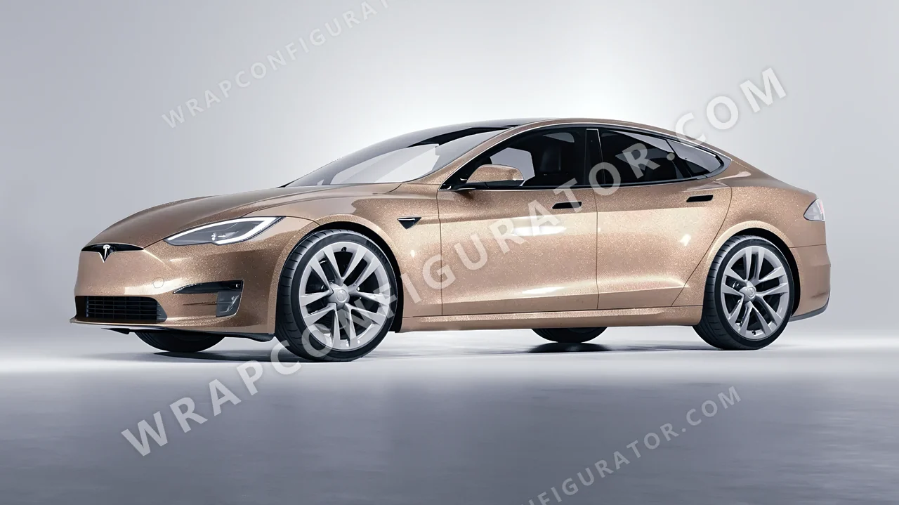 Brown Tesla Model S 2013 wrapped in Avery Dennison Sand Sparkle SW900-255-M