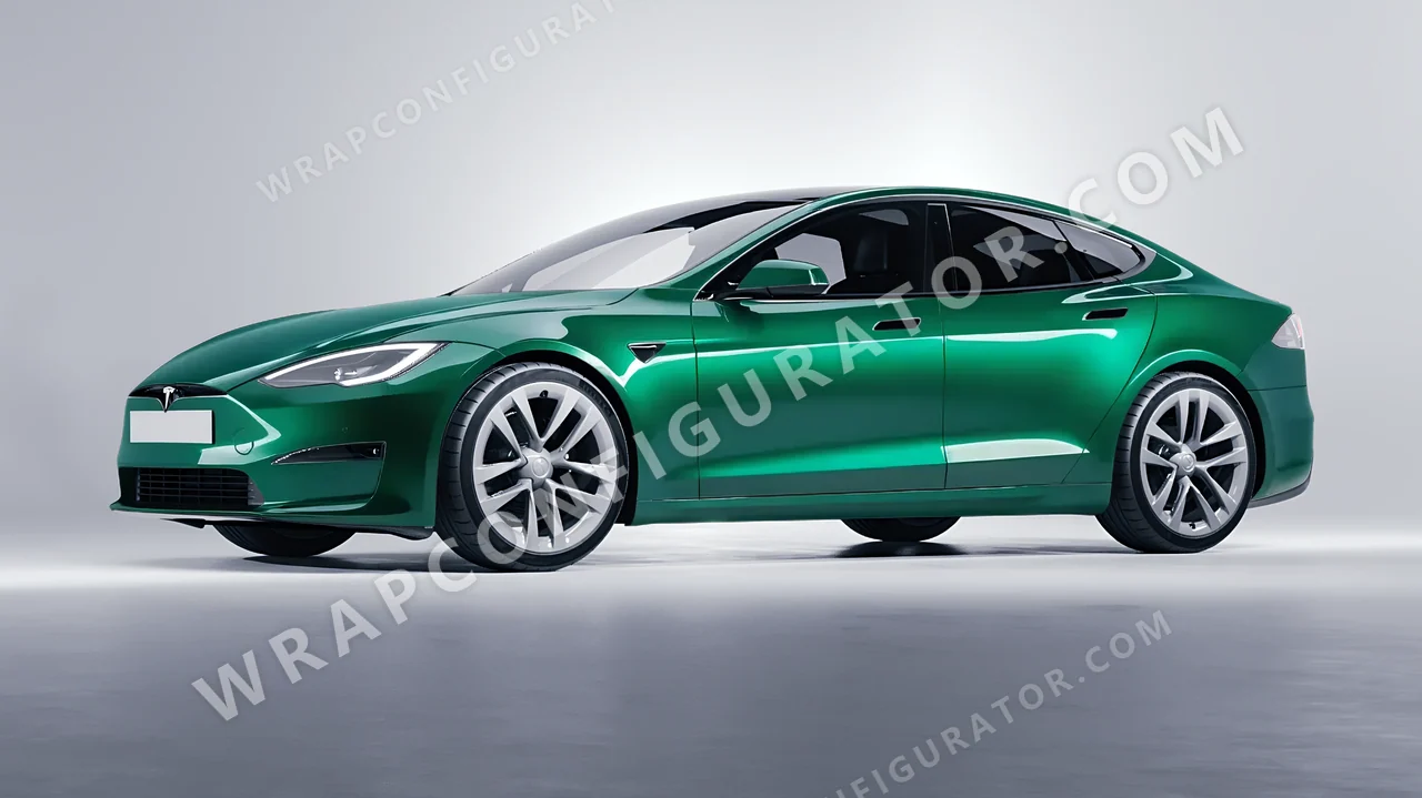 Green Tesla Model S 2013 wrapped in 3M Gloss Green Envy G336