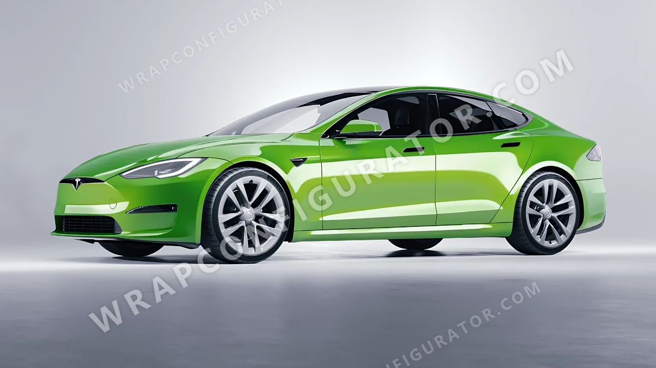Green Tesla Model S 2013 wrapped in 3M Gloss Light Green G16