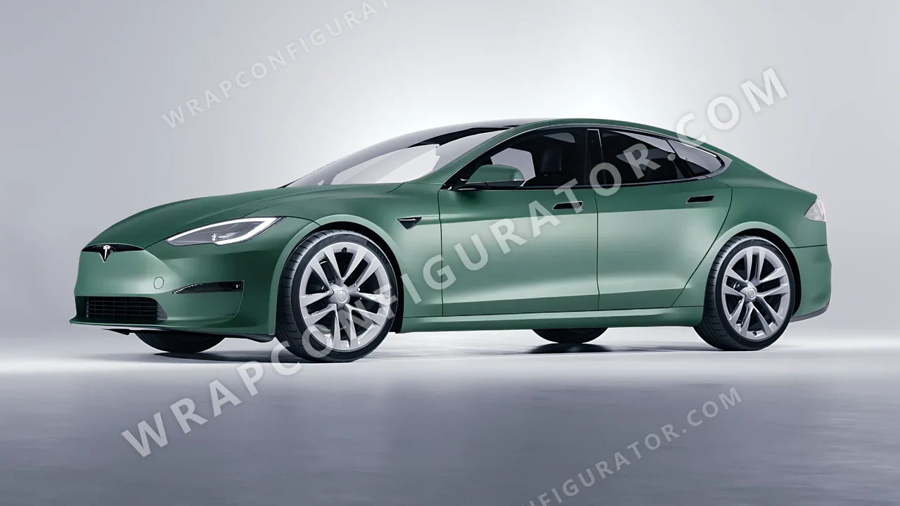 Green Tesla Model S 2013 wrapped in 3M Matte Pine Green Metallic M206