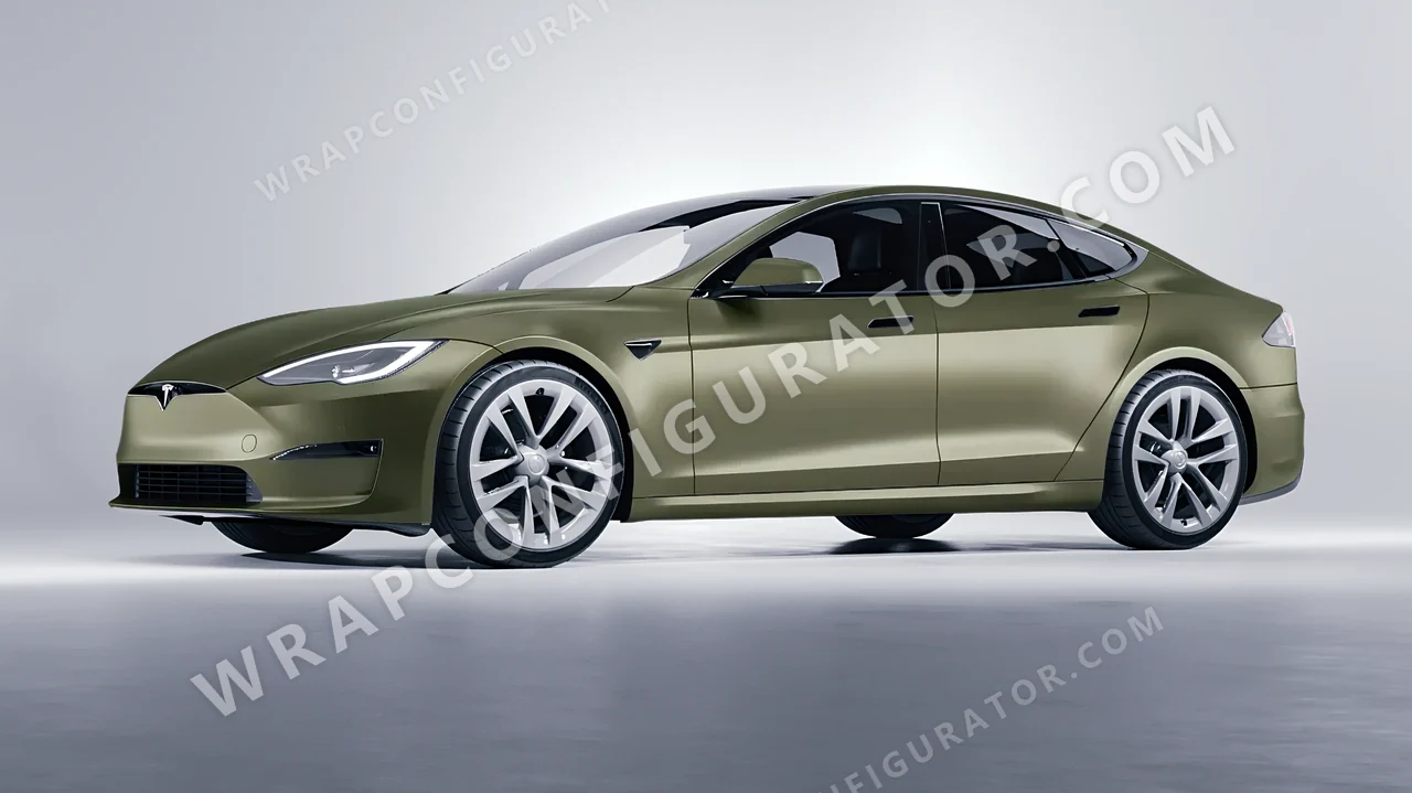 Green Tesla Model S 2013 wrapped in Avery Dennison Khaki Green SW900-712-O