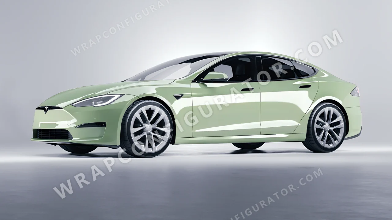 Green Tesla Model S 2013 wrapped in Avery Dennison Light Pistachio SW900-728-O