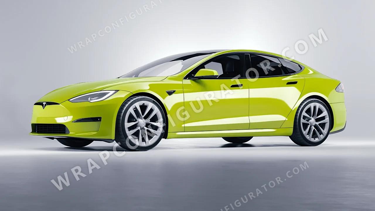Green Tesla Model S 2013 wrapped in Avery Dennison Lime Green SW900-731-O