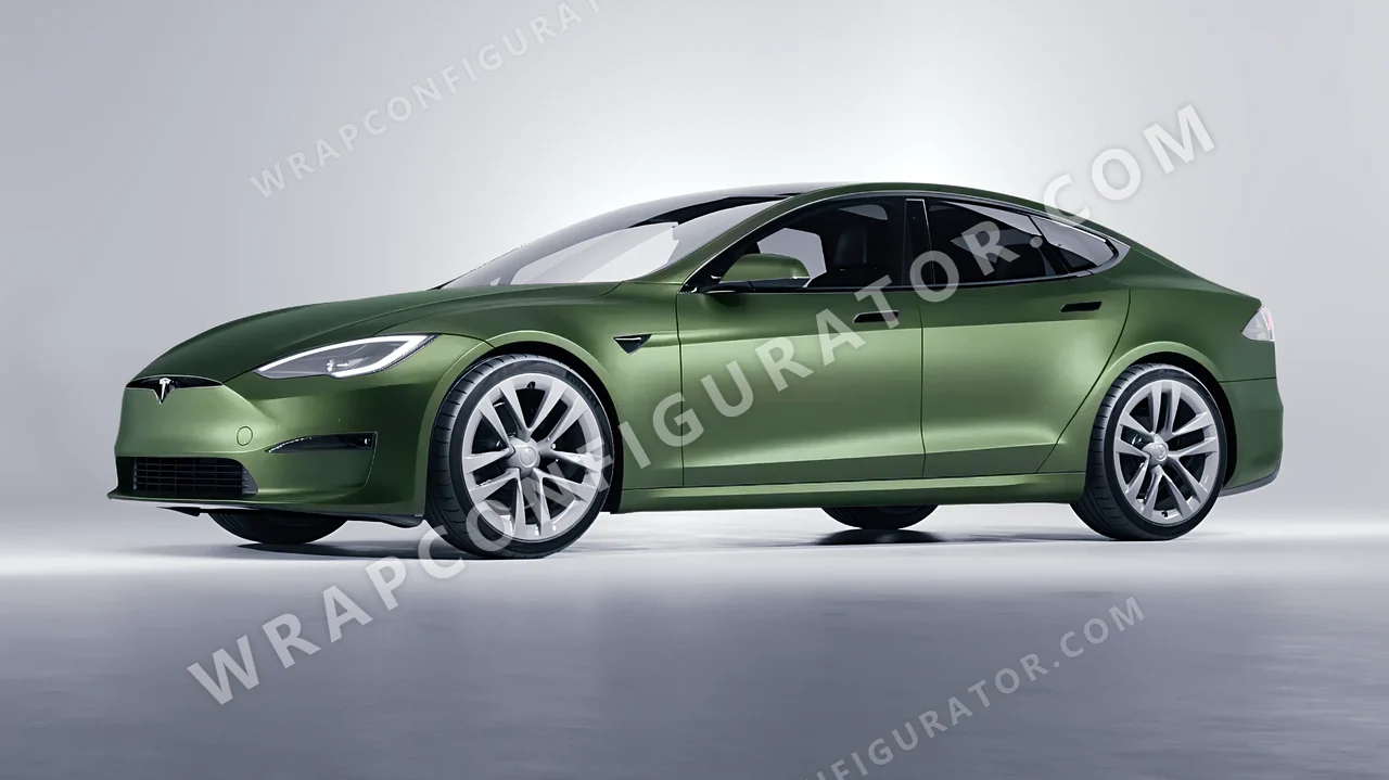 Green Tesla Model S 2013 wrapped in Avery Dennison Moss Green SW900-737-M