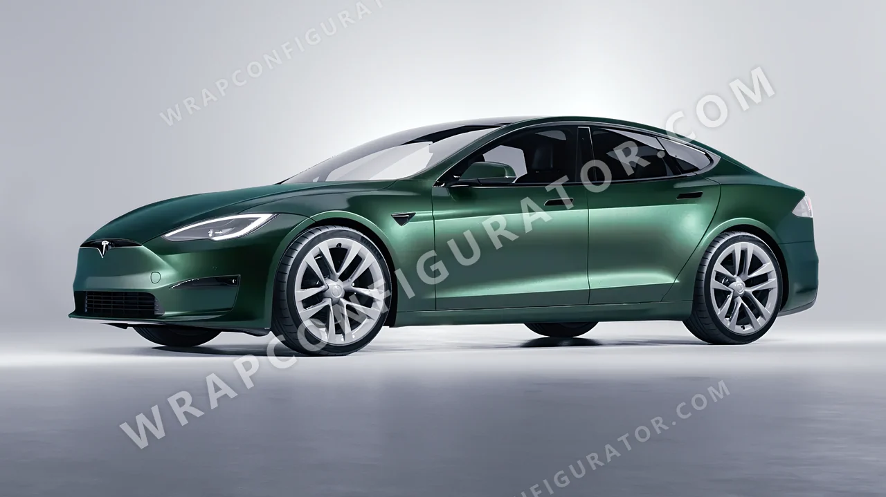 Green Tesla Model S 2013 wrapped in Avery Dennison Pearl Dark Green SW900-796-S