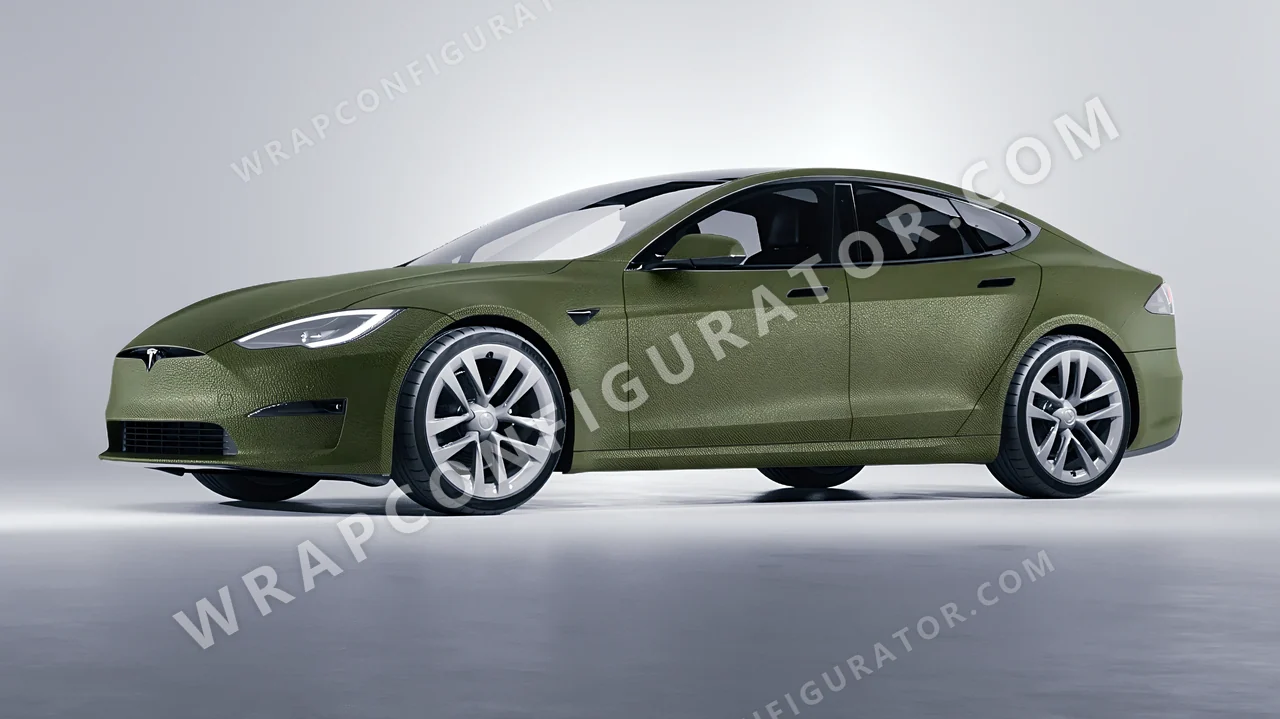 Green Tesla Model S 2013 wrapped in Avery Dennison Rugged Combat Green SW900-718-X