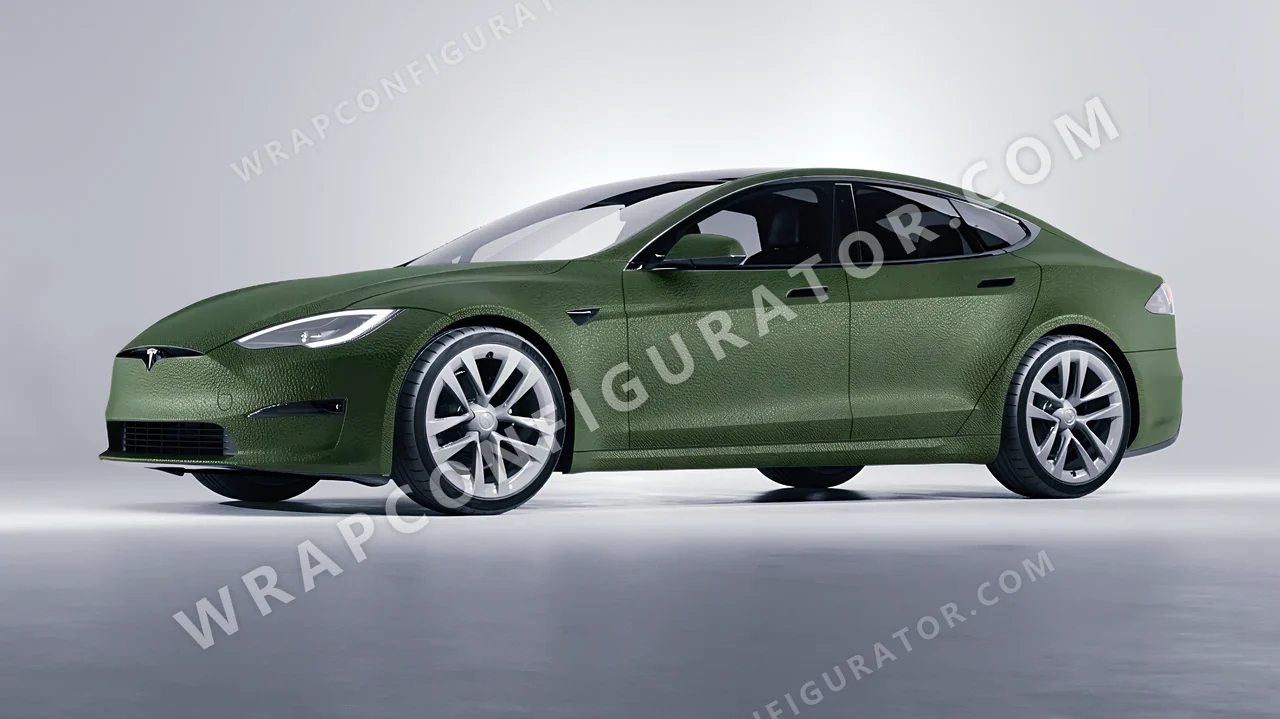 Green Tesla Model S 2013 wrapped in Avery Dennison Rugged Marsh Green SW900-738-X