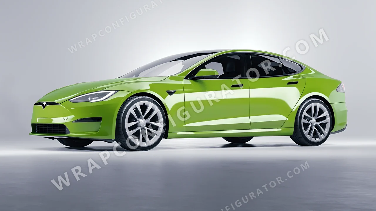 Green Tesla Model S 2013 wrapped in Avery Dennison Tropical Vacation Green SW900-701-O