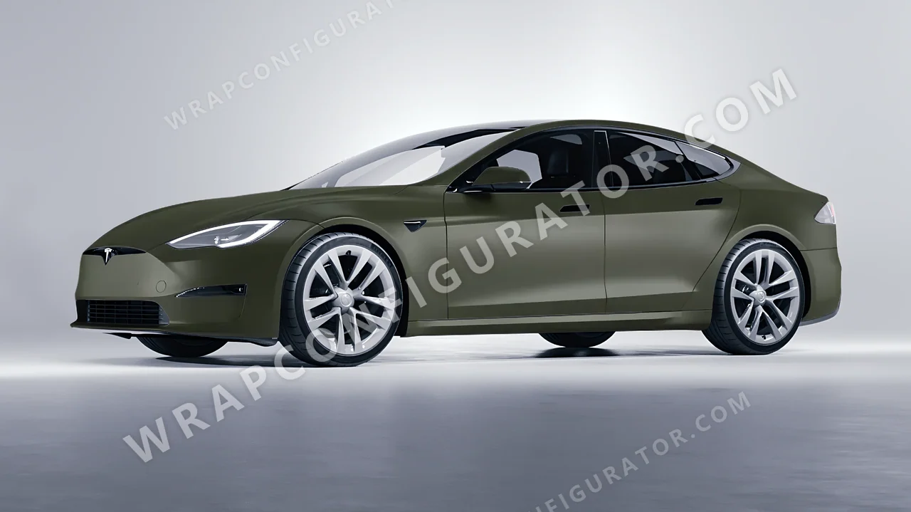 Green Tesla Model S 2013 wrapped in Colourshield PPF by HyperPro Army Green SMF04-P