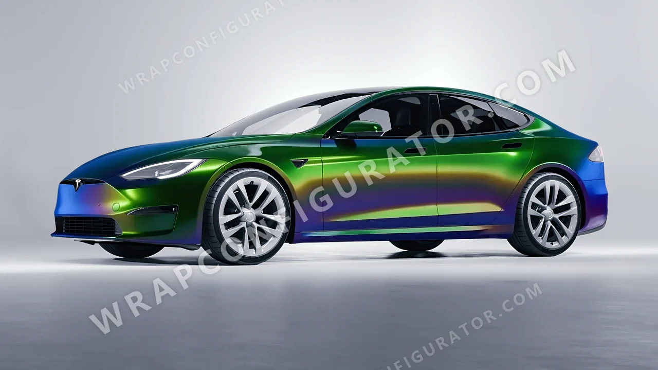 Green Tesla Model S 2013 wrapped in Colourshield PPF by HyperPro Aurora Green GB01-P