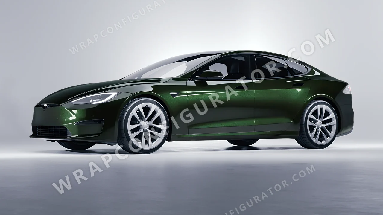 Green Tesla Model S 2013 wrapped in Colourshield PPF by HyperPro Dark Forest Green HGM74-P