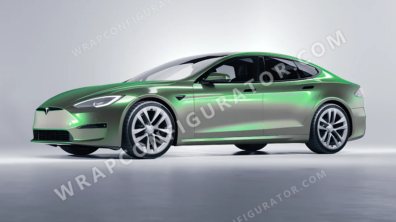 Green Tesla Model S 2013 wrapped in Colourshield PPF by HyperPro Gray Green CGM10-P