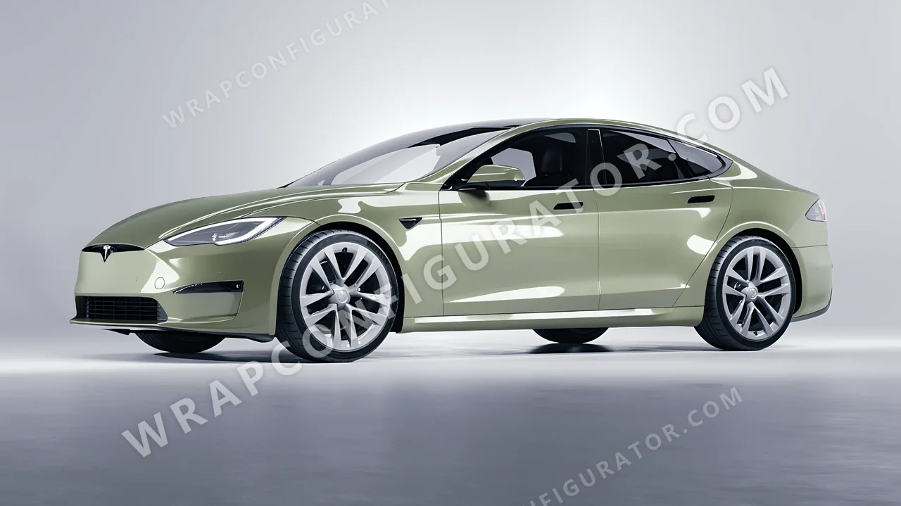 Green Tesla Model S 2013 wrapped in Colourshield PPF by HyperPro Light Laurel Green HGM66-P