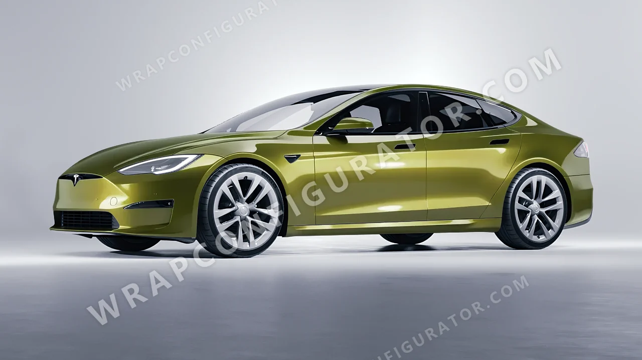 Green Tesla Model S 2013 wrapped in Colourshield PPF by HyperPro Olive Green HGM25-P