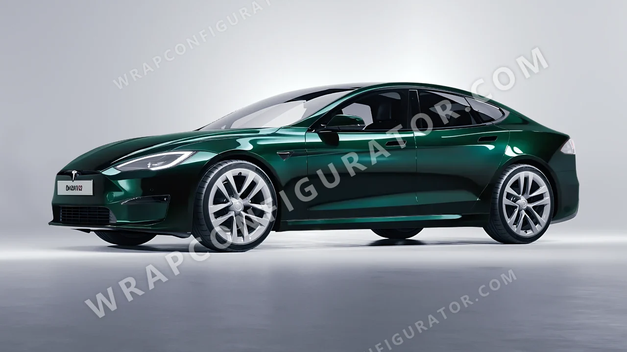 Green Tesla Model S 2013 wrapped in Colourshield PPF by HyperPro Retro Deep Green HGF31-P